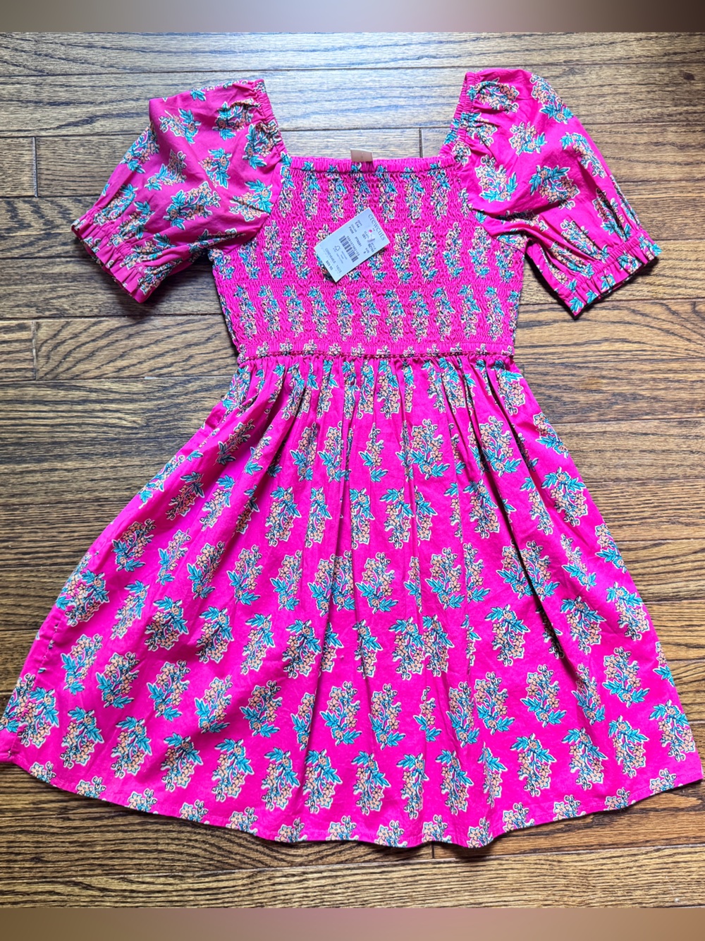 Crewcuts Bright Pink Floral Smocked Puff-Sleeve Dress